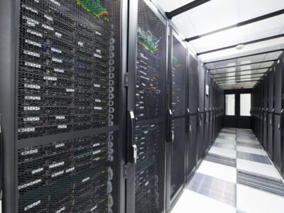 Rows of black server racks in a modern data center, with a lit corridor running between them.